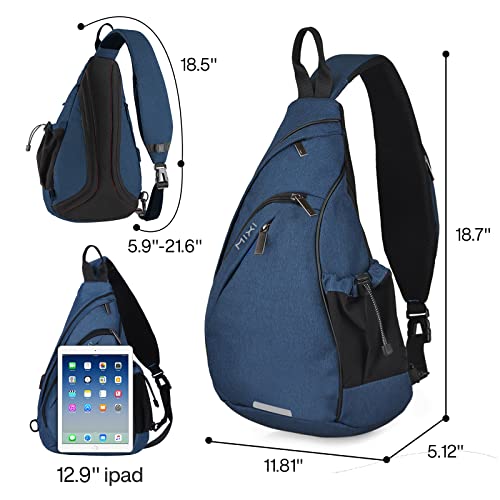 Sling Bag Men Backpack Unisex One Shoulder Bag Hiking Travel Backpack Crossbody with USB Port for Men Women Versatile Casual Daypack (Dark Blue-19")