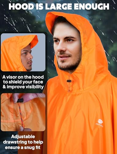 Hooded Rain Poncho for Adult Waterproof Lightweight Raincoat (Dark Orange)
