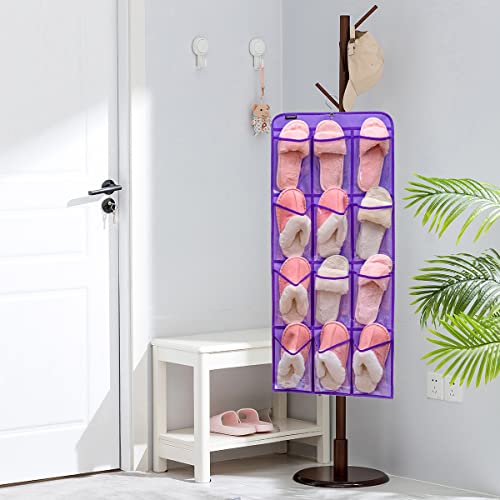 Dual Sided Hanging Shoe Organizer for Closet with Rotating Hanger Hanging Shoe Rack Holder with 24 Large Pockets (PURPLE)