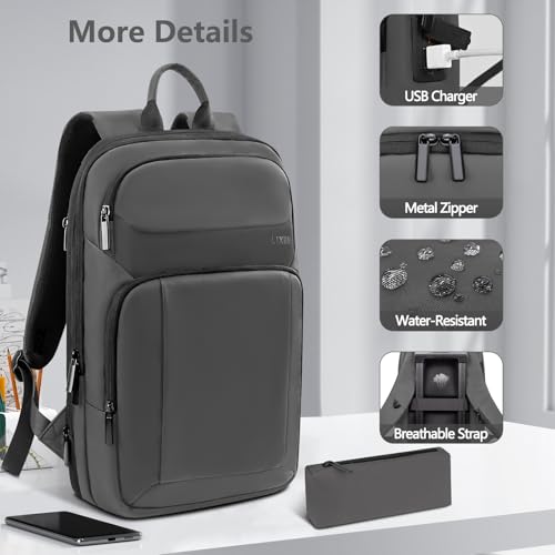 Backpack for Men Slim & Expandable Travel Laptop Backpack with USB Charging Port Water Resistant Anti (Simple Gray / 15.6”)