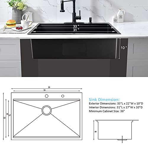 33x22 Black Drop In Kitchen Sink Workstation Stainless Steel Sink (33"L x 22"W x 10"D / Black)