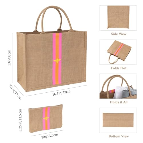 Large Beach Bag Jute Woven Pink and Orange. Pool and beach bags for women (Pink and Orange)