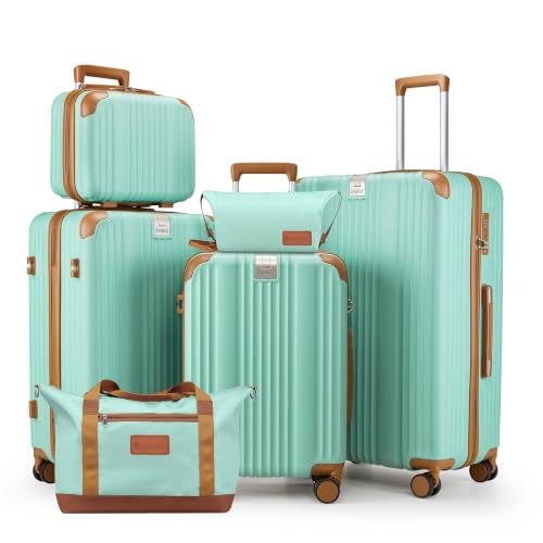 Luggage Set 6 Piece Luggage with PC+ABS Hardshell TSA Lock Spinner Wheels Carry on Lightweight Suitcase Cup Holder (Green / 6 piece sets（14/20/24/28/DB/TB）)