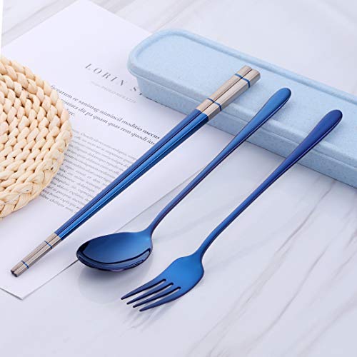 3 PCS Stainless Steel Travel Camping Flatware Set Fork Spoon Chopsticks with Portable Case (Blue)