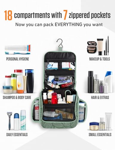 Hanging Travel Toiletry Bag (Green Leaves)