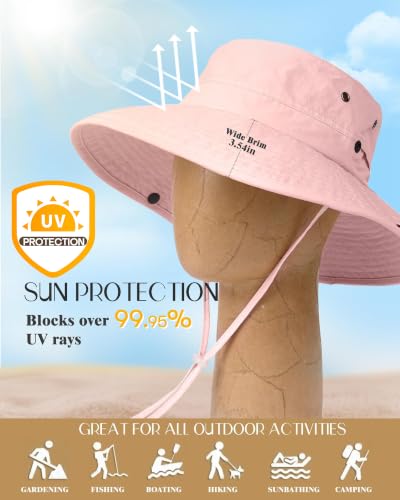 Sun Hats for Women Ponytail Wide Brim Summer Packable Cowboy Hat (One Size / Pink)