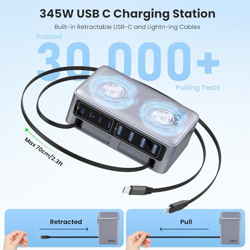 345W USB C Charger 10 in 1 Retractable Wall Charger with 2 Cables (Sliver / 345W)