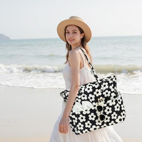 Waterproof Beach Tote Pool Bags for Women Ladies Extra Large Gym Tote Carry On Bag With Wet Compartment for Weekender Travel (Beige Flower With Black Background)