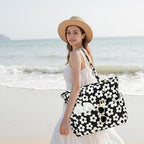 Waterproof Beach Tote Pool Bags for Women Ladies Extra Large Gym Tote Carry On Bag With Wet Compartment for Weekender Travel (Beige Flower With Black Background)