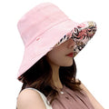 Women Floral Reversible Wide Brim Sun Hats Summer UV Protection Hiking Fishing Hat Wired Edge Beach Garden Lawn Work Cap Chin Strap (Medium / Qf002-pink)