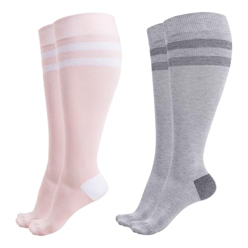 Compression Socks for Women Wide Calf (3X-Large / Light Gray/Pink)