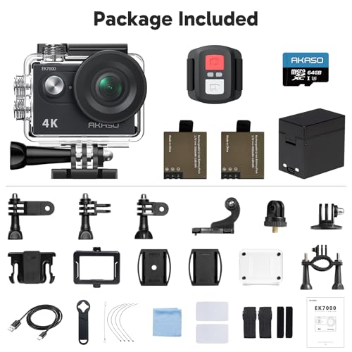 EK7000 4K30fps Action Camera with 64GB MicroSDXC U3 Memory Card Accessories Kit Bundle Ultra HD 131FT Waterproof Underwater Camera EIS WiFi Remote Control 4X Zoom