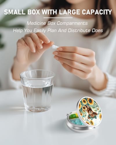 Pill Box 3 Compartment Portable Travel Medicine Box with Mirror (Calf and Sunflower)