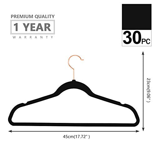 Black Velvet Hangers 30 Pack Non Slip Heavy Duty Rose Gold Hooks (Black/Rose Gold / 30-Pack)