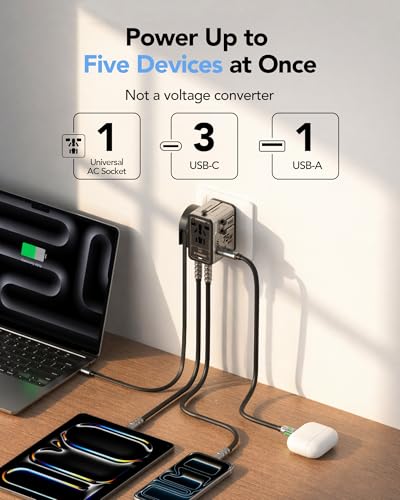 75W 5 Port Universal Travel Adapter (Grey)
