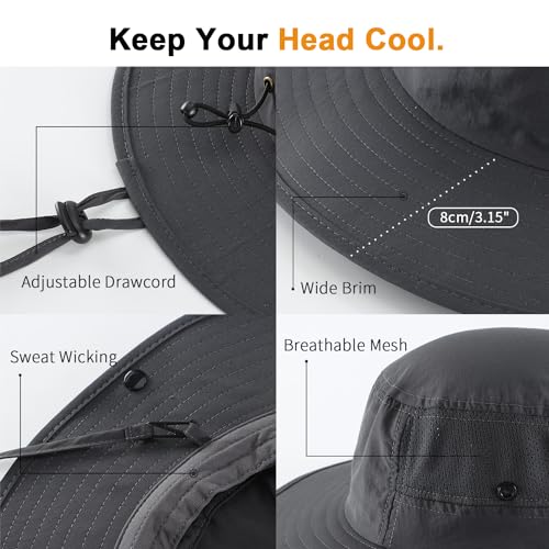 UPF50+ Mens Sun Hat Wide Brim Bucket Hat Womens UV Protection Sunshade Beach Hat Light Weight Cowboy Fishing Hat Dark Grey (One Size / Dark Grey)