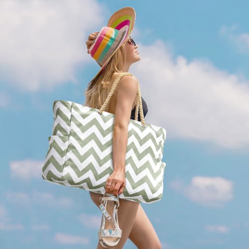Beach Bags for Women Large Waterproof Beach Tote Bag Zipper Beach Bags Waterproof Sandproof Swim Pool Bag Large Tote (Light Green Wave)