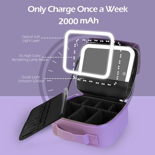Travel Makeup Bag Cosmetic Bag Makeup Organizer Bag with Lighted Mirror (Violet / Woven)