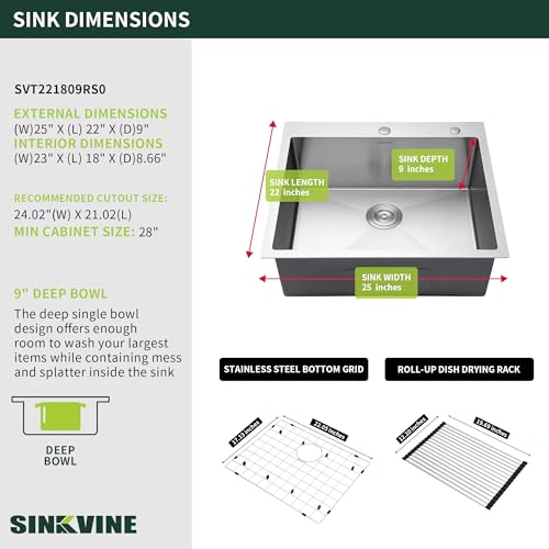 25-Inch Drop-In Kitchen Sink Stainless Steel Top Mount Single Bowl (Brushed / 25 x 22 x 9)