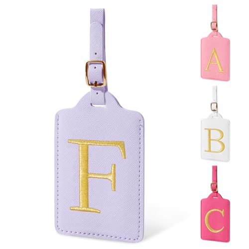 Personalized Initial Luggage Tags for Suitcase (Purple Leather,glod Letter / F)