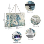 Large Beach Bags Totes Canvas Tote Shoulder Bag Soft Wave Water Resistant Bags for Gym Travel Daily Ocean (Ocean Seahorse Vintage)