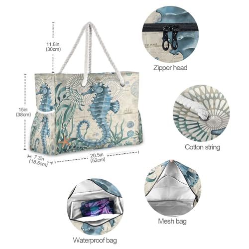 Large Beach Bags Totes Canvas Tote Shoulder Bag Soft Wave Water Resistant Bags for Gym Travel Daily Ocean (Ocean Seahorse Vintage)