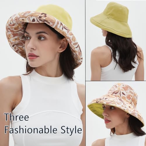 Womens Sun Hats Wide Brim Reversible Bucket Cotton Hat Packable Summer Travel Cap with Hat Clip (Medium / Yellow)