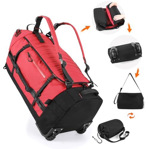 86L Collapsible Wheeled Duffle Bag Waterproof (Red)