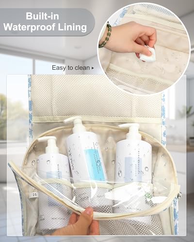 Travel Toiletry Bag with Hanging Hook (01 Blue Flower / X Large)