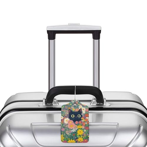 2 Pcs Luggage Tags for Suitcases Black Cat PU Leather Luggage Tag with Privacy Cover Label Address Card and Durable Metal Ring Suitable for Men Women Handbags Backpacks (Black Cat Flower 3)