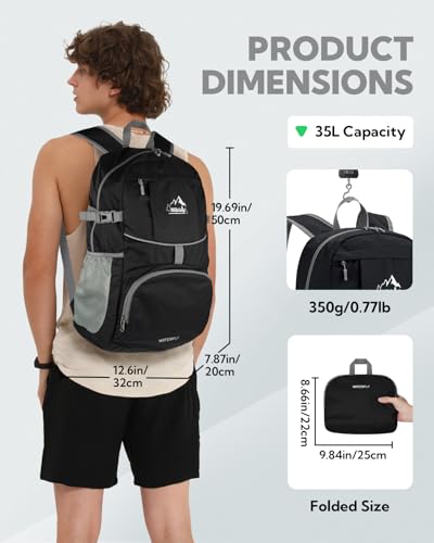 Large Lightweight Packable Hiking Backpack Foldable Travel Daypack (A-black / 35L)
