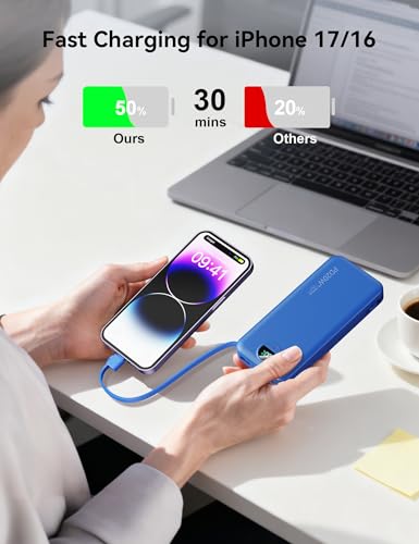 Portable Charger Power Bank 10000mAh with Built in Cables & Wall Plug (Steel Blue)