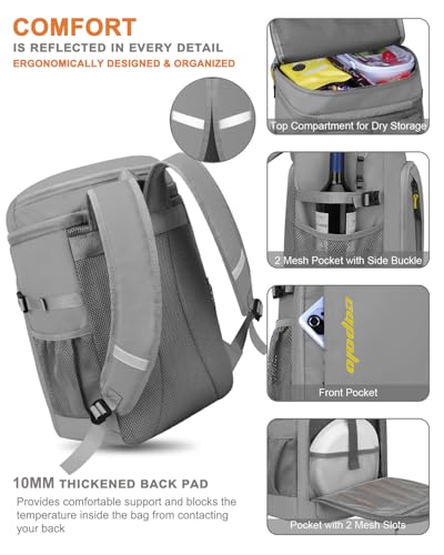 Cooler Backpack Insulated Leak Proof for Women Men Soft Cooler Bag (36 Cans / Leather Gray With Yellow)