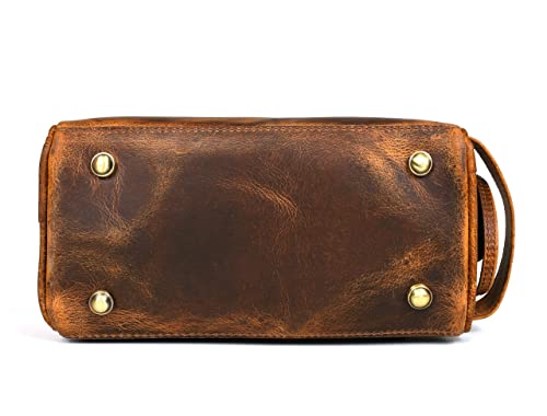 10" Premium Leather Toiletry Travel Pouch With Waterproof Lining Black Color (Copper)