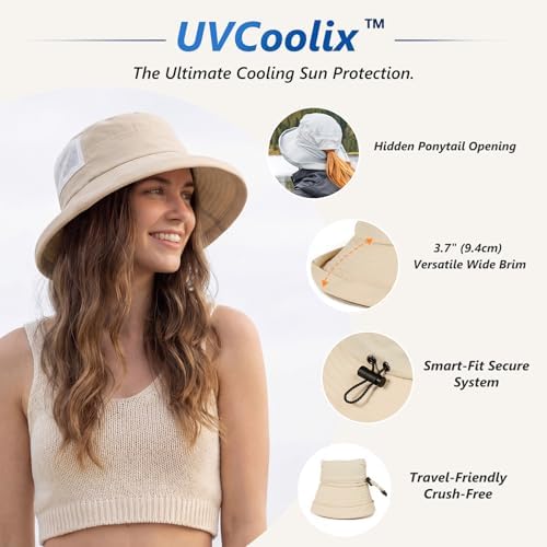 Sun Hat for Women Wide Brim SPF 50 UV Protection with Chin Strap Packable Bucket Hat for Travel Beach Outdoor Summer Waterproof Lightweight Gardening H iking Fishing Camping Khaki L (Khaki / Large)