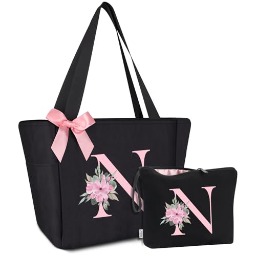 Tote Bag, A-Z Initial Monogrammed Waterproof Tote Bag, Bridesmaid Gifts for Women, Black and Pink (N, Black Set) (Black Set)