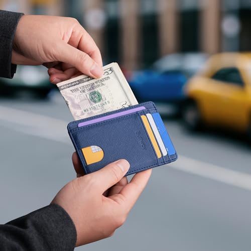 Slim Minimalist Front Pocket RFID Blocking Leather Wallets for Men and Women (Small / Cross Blue)