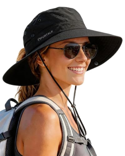 Sun Hats for Women Wide Brim Bucket Hat Ponytail Hole Outdoor UPF (Black)