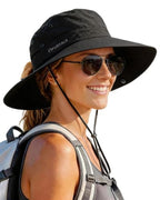 Sun Hats for Women Wide Brim Bucket Hat Ponytail Hole Outdoor UPF (Black)