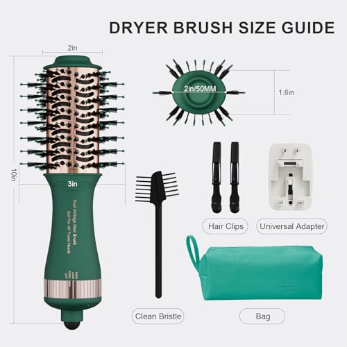 Dual Voltage Travel Hair Dryer Brush Mini Hot Air Hair Styling Tool (50mm Oval / Emerald&rose Gold)