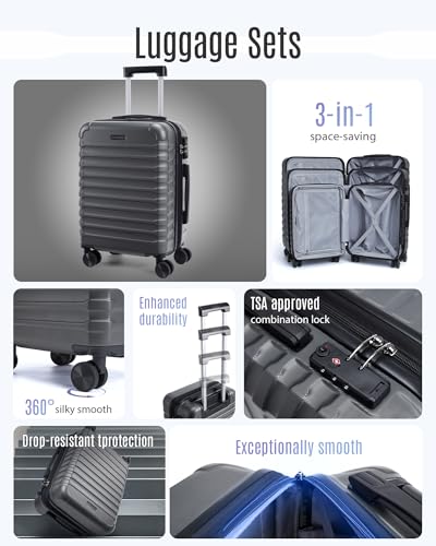 Luggage Sets 3 Pcs Suitcase with Wheels (Gray / 3-Piece Set-20 Inch/24 Inch/28 Inch)