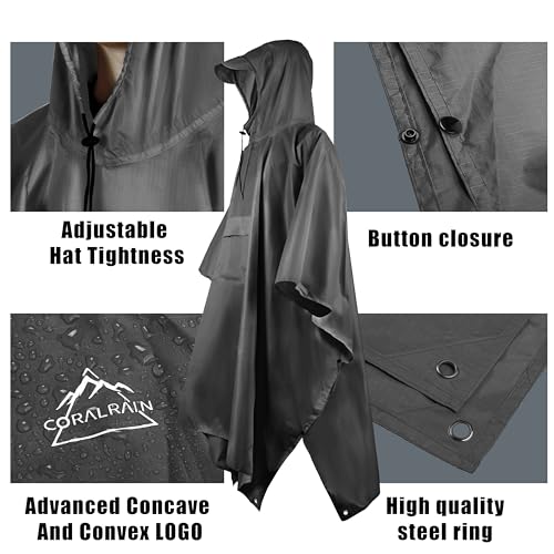 Hooded Rain Poncho Lightweight Waterproof Unisex Raincoat Jacket with Pocket for Men Women Adult (One Size / Grey)