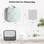 Travel Makeup Bag with LED Mirror Toiletry Bag for women with 10x magnifying glass (Green Flower / With LED Mirror and 10x Magnifying Glass)