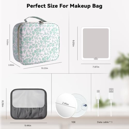 Travel Makeup Bag with LED Mirror Toiletry Bag for women with 10x magnifying glass (Green Flower / With LED Mirror and 10x Magnifying Glass)