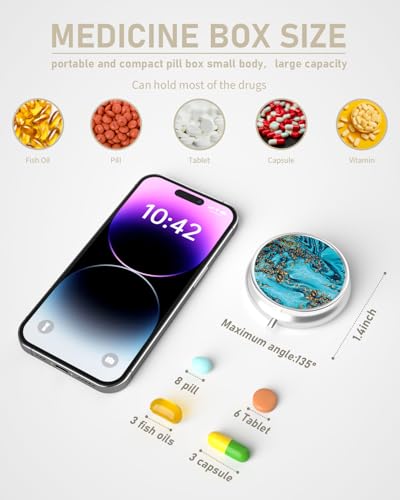 Pill Box 3 Compartment Portable Travel Medicine Box with Mirror (Blue Gold Marble)