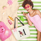 Tote Bag, A-Z Initial Monogrammed Waterproof Tote Bag, Bridesmaid Gifts for Women, Black and Pink (M, Beige) (Beige)