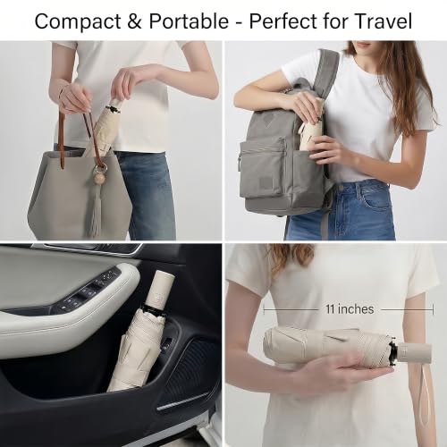 Small Compact Travel Umbrella with UV Protection for Sun & Rain (C-2 Pack Pink & Beige)