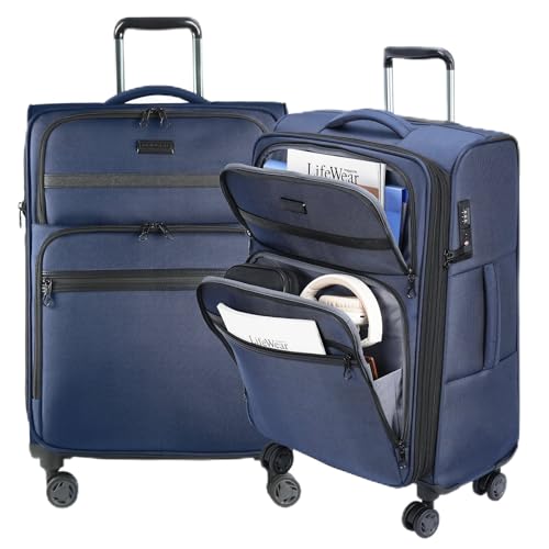 Softside Expandable checked Luggage with Front Business Pockets (Navy-24 / 24 inch)