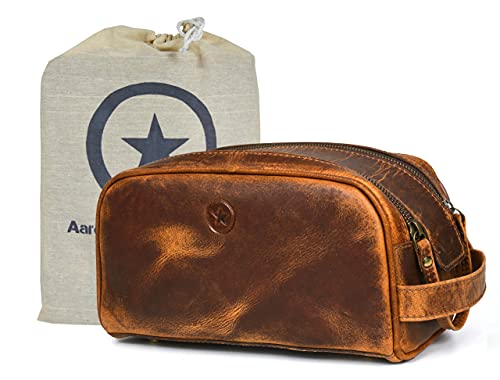 10" Premium Leather Toiletry Travel Pouch With Waterproof Lining Black Color (Copper)
