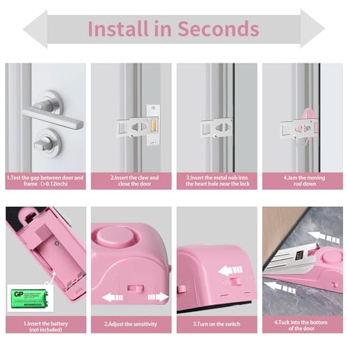 Portable Door Lock & Door Stop Alarm Set (Pink)